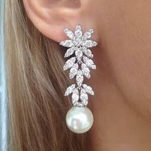White Gold Diamond Baroque Pearl Earrings